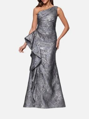 Xscape One-Shoulder Metallic Silver Gown with Draped Ruffle